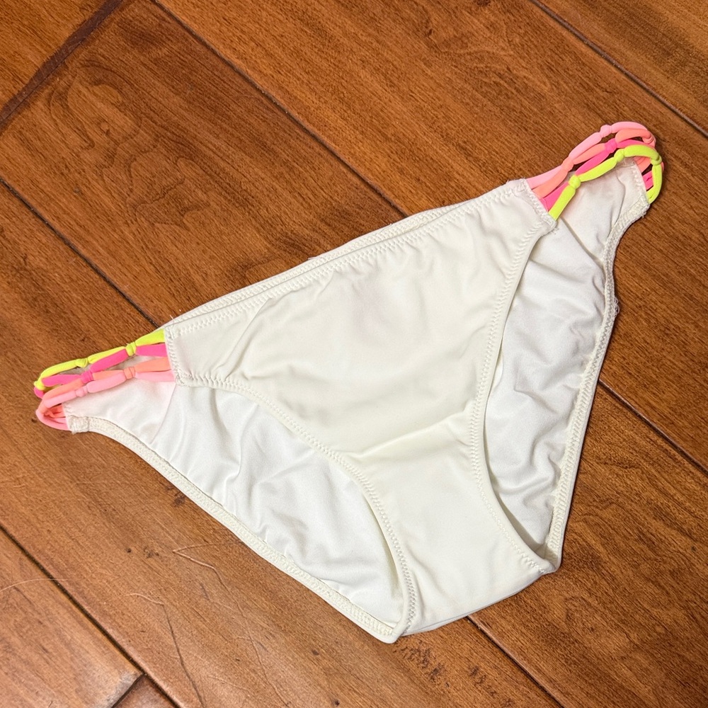 New Victoria’s Secret White bikini bottom with side colorful straps size small